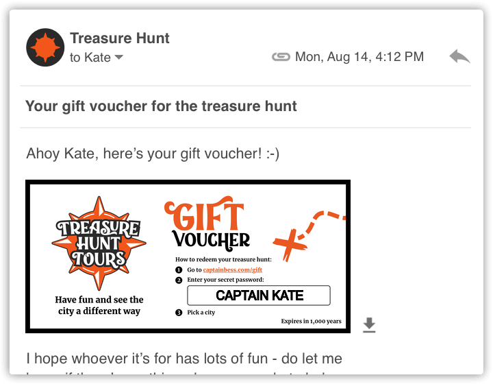 A screenshot of an email containing a digital gift voucher for a treasure hunt.